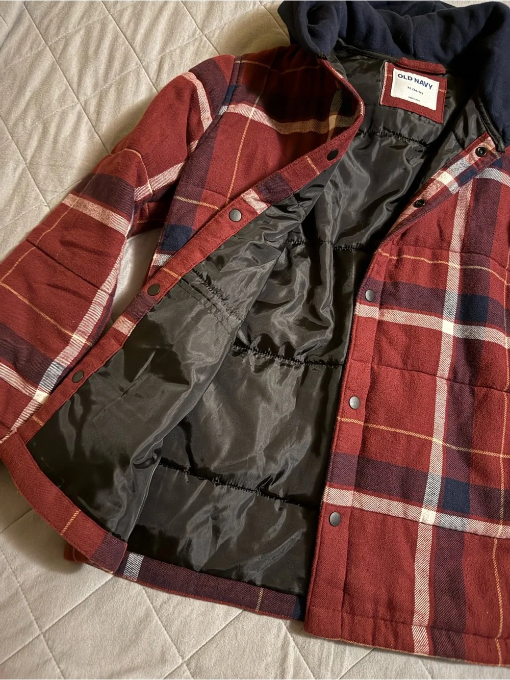 Old Navy Burgundy Plaid Hooded Puffer Jacket with Navy Hood